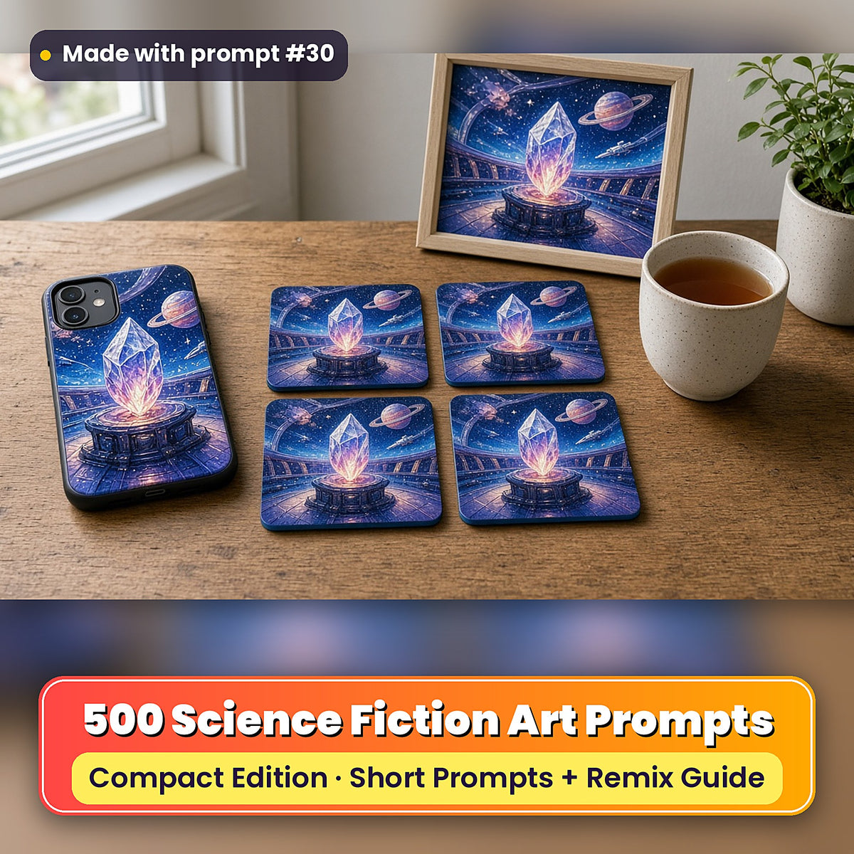 Science Fiction Compact Edition Prompts: realistic mockup, styled table set (phone case + 2x2 coasters + framed print), made with prompt #30