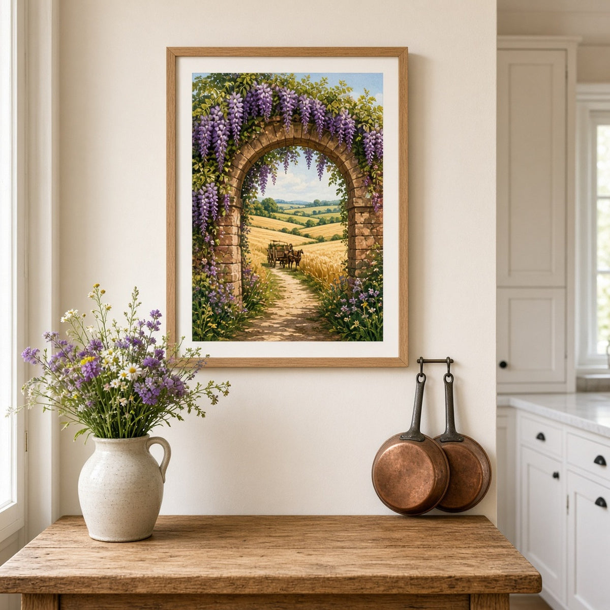 Wisteria-draped brick archway opening onto a sunny country lane through golden wheat fields with a distant horse-drawn cart printed flat on a framed print in a farmhouse kitchen, made with prompt #41
