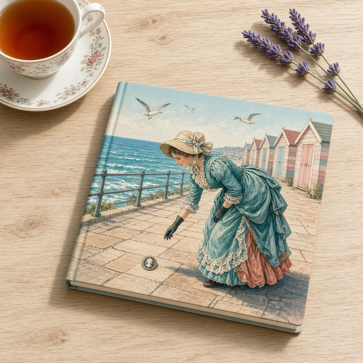 Illustrated Victorian woman in a teal walking dress and bonnet picking up a lost cameo brooch on a sunny seaside promenade with beach huts printed flat on a notebook, made with prompt #227