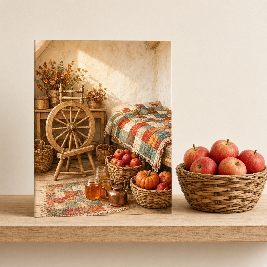Autumn hidden sewing room with a spinning wheel, patchwork quilt, baskets of apples and pumpkins, honey jars and a copper kettle printed flat on a greeting card, made with prompt #422