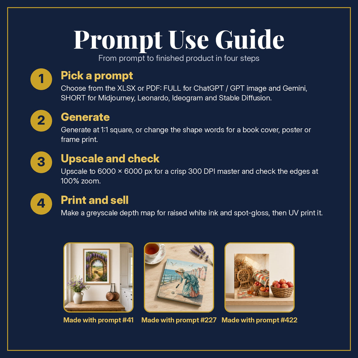 Prompt Use Guide for the Historical Fiction Compact Edition Prompts: pick a prompt, generate, upscale and check, print and sell, with sample products made with the pack's prompts