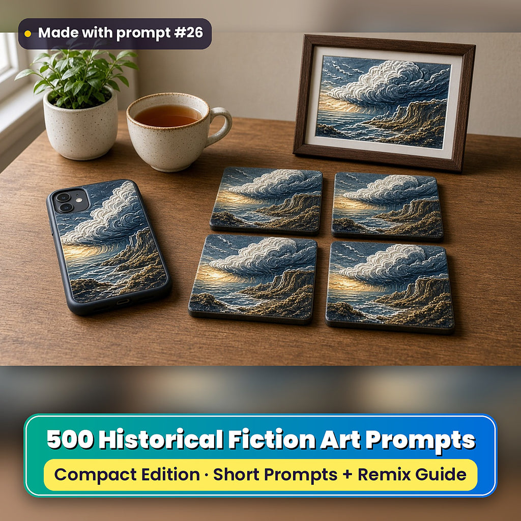 Historical Fiction Compact Edition Prompts: realistic mockup, styled table set (phone case + 2x2 coasters + framed print), made with prompt #26