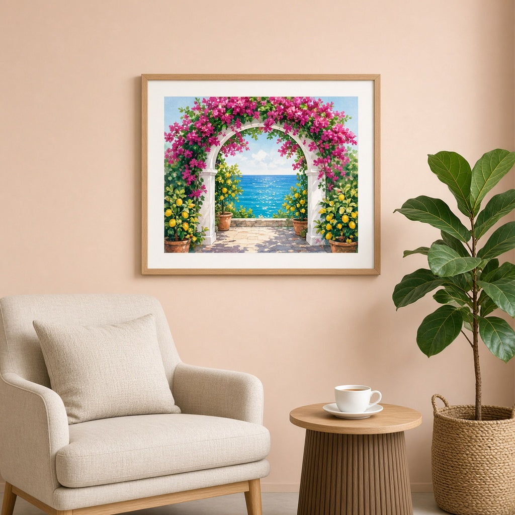 Bougainvillea-covered white archway opening onto a sunny terrace with potted lemon trees and a sparkling turquoise sea printed flat on a framed print in a reading corner, made with prompt #41