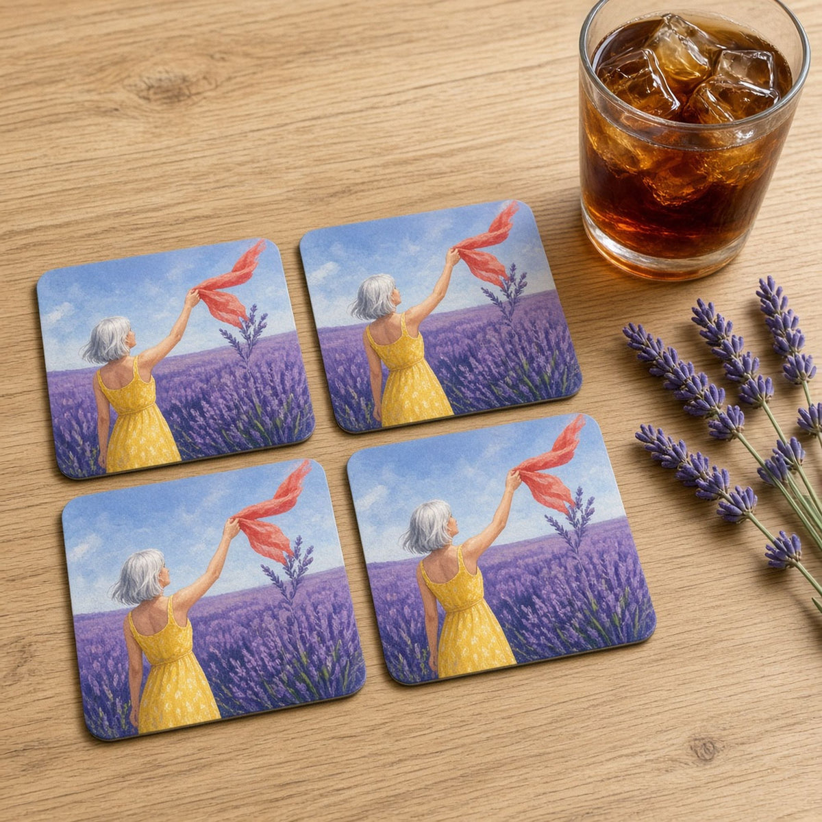 Painterly silver-haired woman in a yellow sundress reaching for a lost coral silk scarf in a purple lavender field printed flat on a set of 4 coasters, made with prompt #227