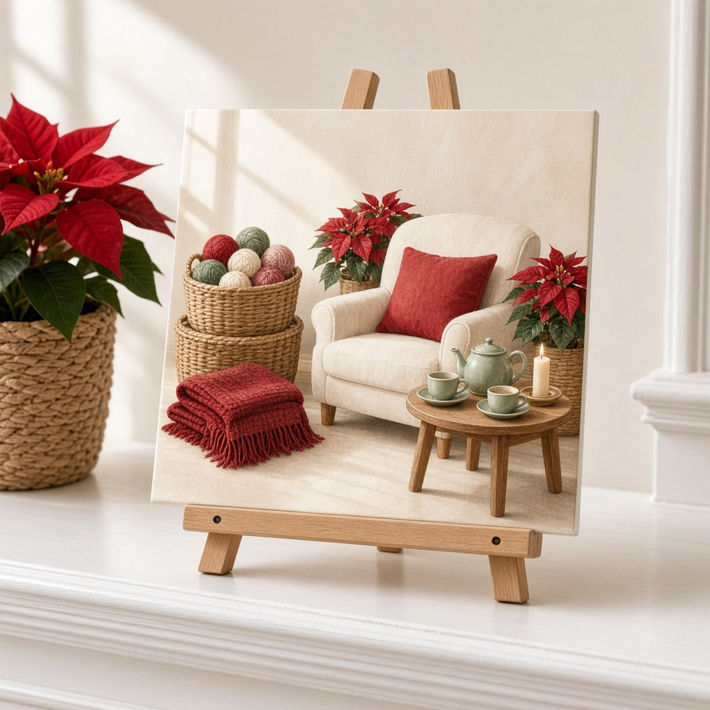Winter hidden craft room with baskets of wool, a red knitted throw, a cream armchair, poinsettias and a green teapot printed flat on a ceramic tile, made with prompt #422