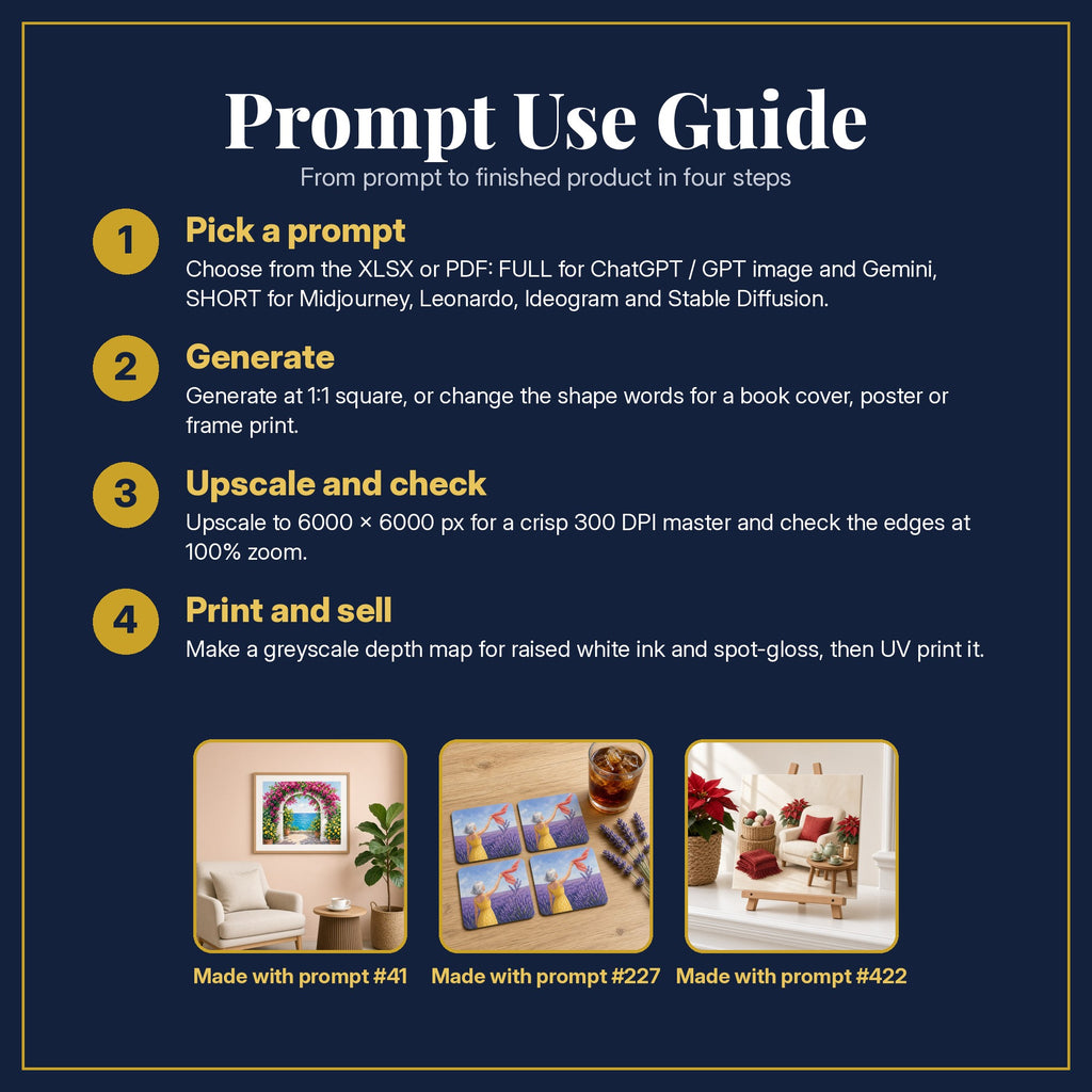 Prompt Use Guide for the Women's Fiction Compact Edition Prompts: pick a prompt, generate, upscale and check, print and sell, with sample products made with the pack's prompts
