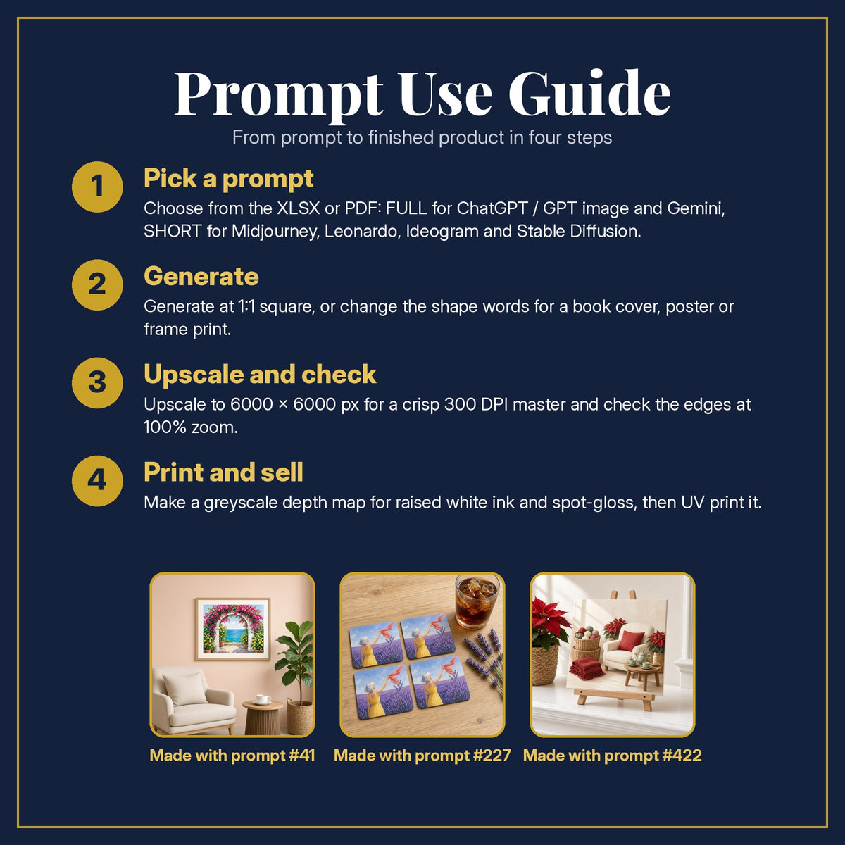 Prompt Use Guide for the Women's Fiction Compact Edition Prompts: pick a prompt, generate, upscale and check, print and sell, with sample products made with the pack's prompts