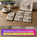 Women's Fiction Compact Edition Prompts: realistic mockup, styled table set (phone case + 2x2 coasters + framed print), made with prompt #87