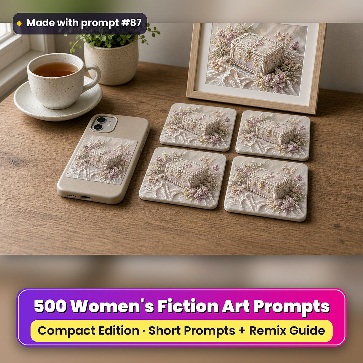 Women's Fiction Compact Edition Prompts: realistic mockup, styled table set (phone case + 2x2 coasters + framed print), made with prompt #87