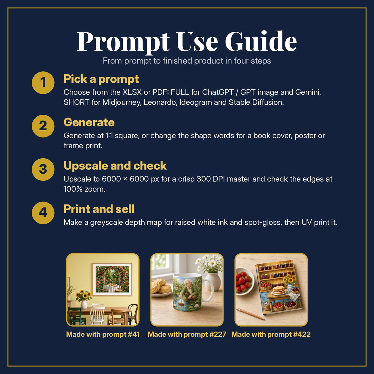Prompt Use Guide for the Family Saga Compact Edition Prompts: pick a prompt, generate, upscale and check, print and sell, with sample products made with the pack's prompts