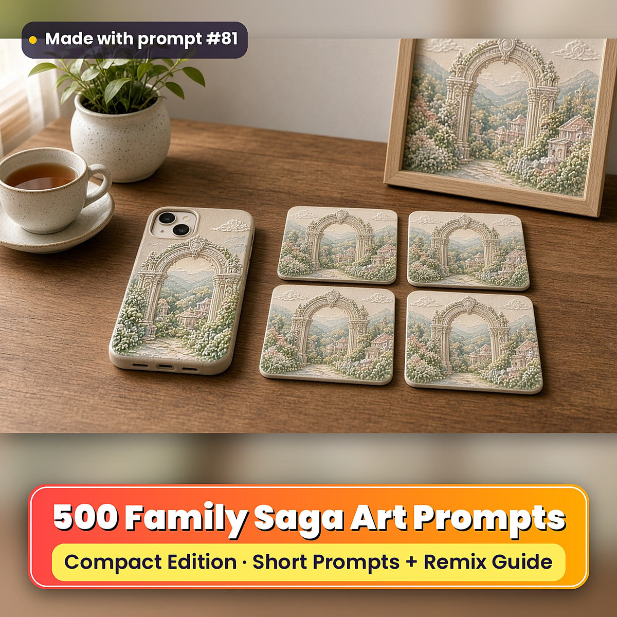 Family Saga Compact Edition Prompts: realistic mockup, styled table set (phone case + 2x2 coasters + framed print), made with prompt #81