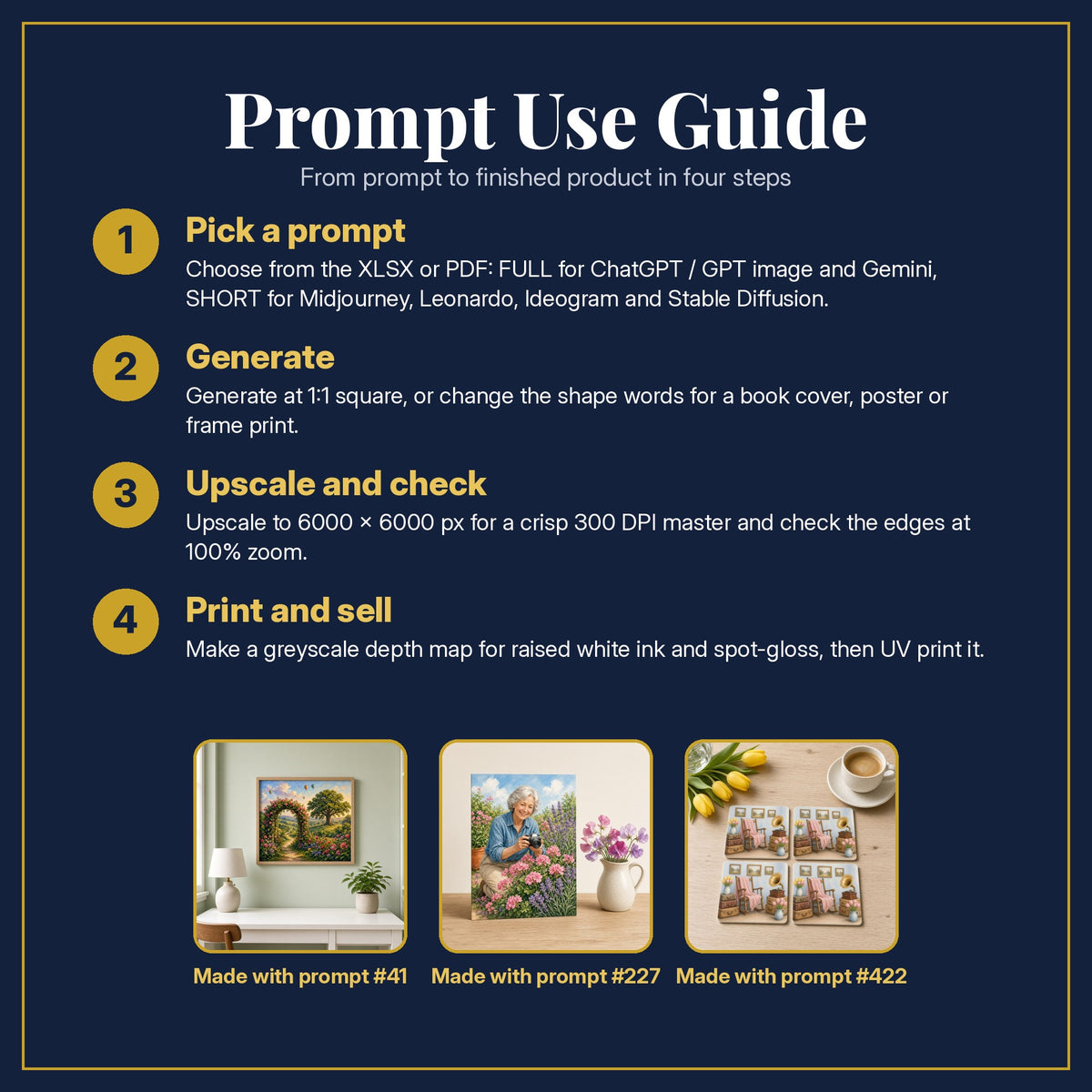 Prompt Use Guide for the Memoir and Biography Compact Edition Prompts: pick a prompt, generate, upscale and check, print and sell, with sample products made with the pack's prompts