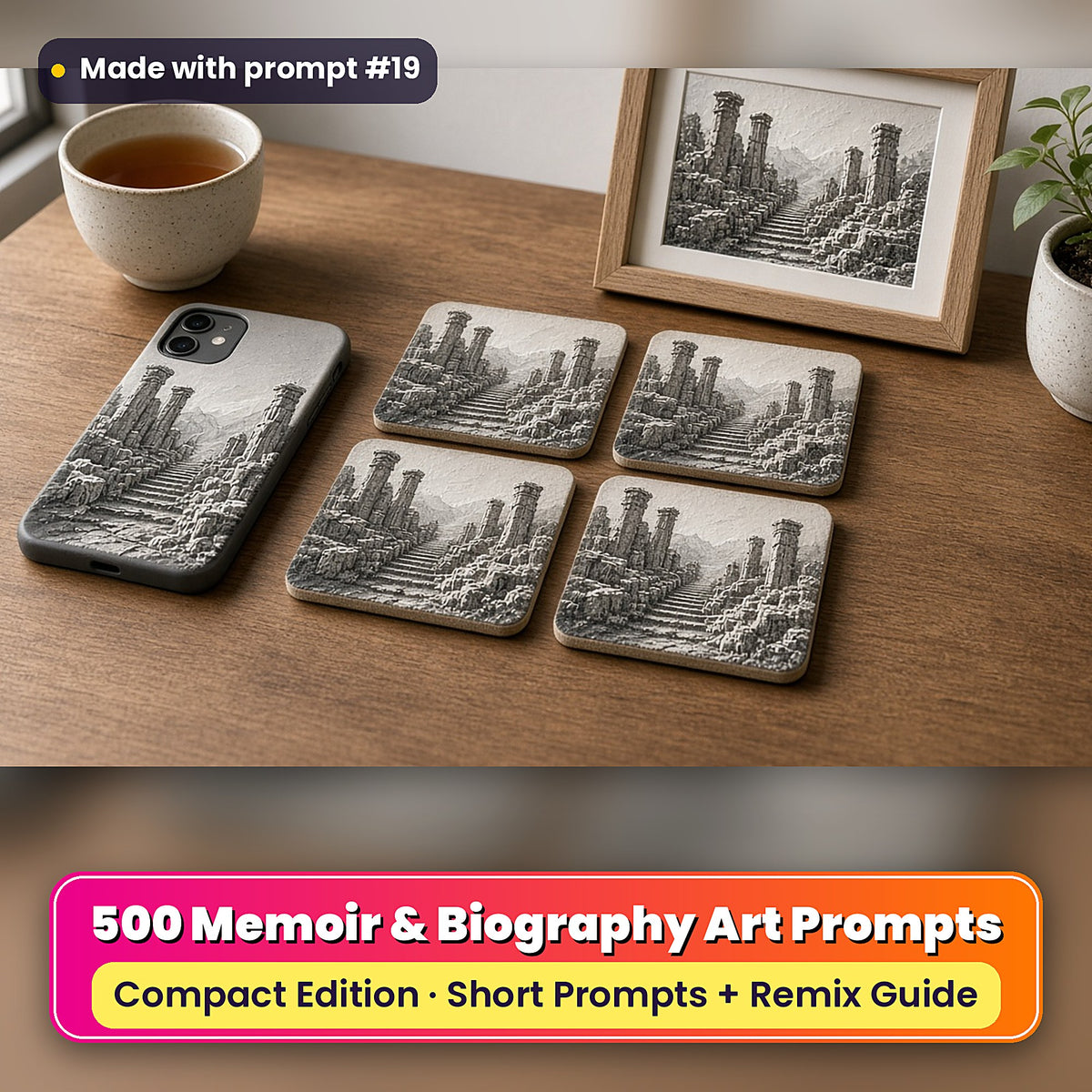 Memoir and Biography Compact Edition Prompts: realistic mockup, styled table set (phone case + 2x2 coasters + framed print), made with prompt #19