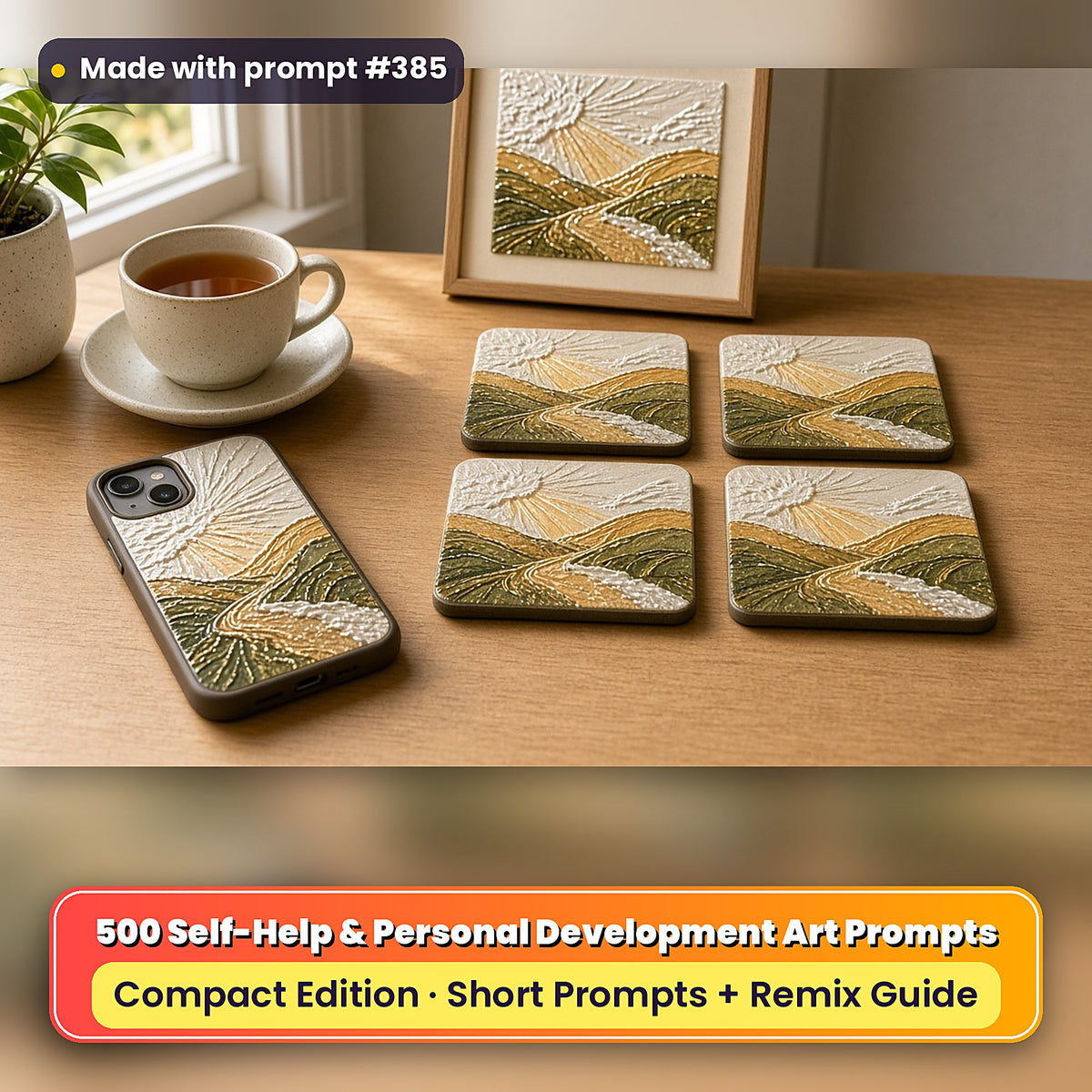 Self-Help and Personal Development Compact Edition Prompts: realistic mockup, styled table set (phone case + 2x2 coasters + framed print), made with prompt #385