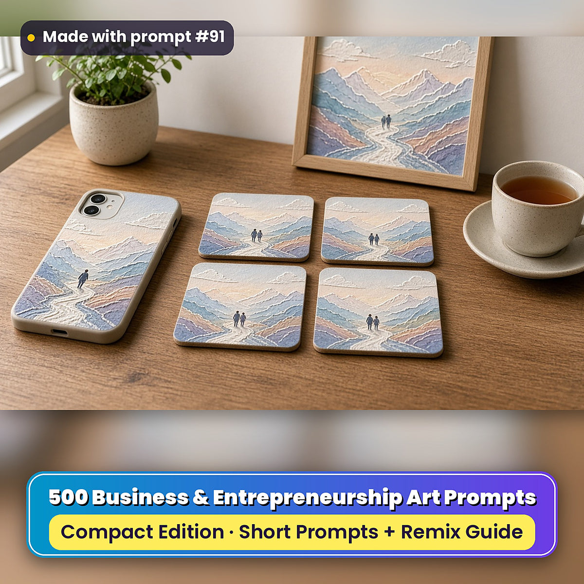 Business and Entrepreneurship Compact Edition Prompts: realistic mockup, styled table set (phone case + 2x2 coasters + framed print), made with prompt #91
