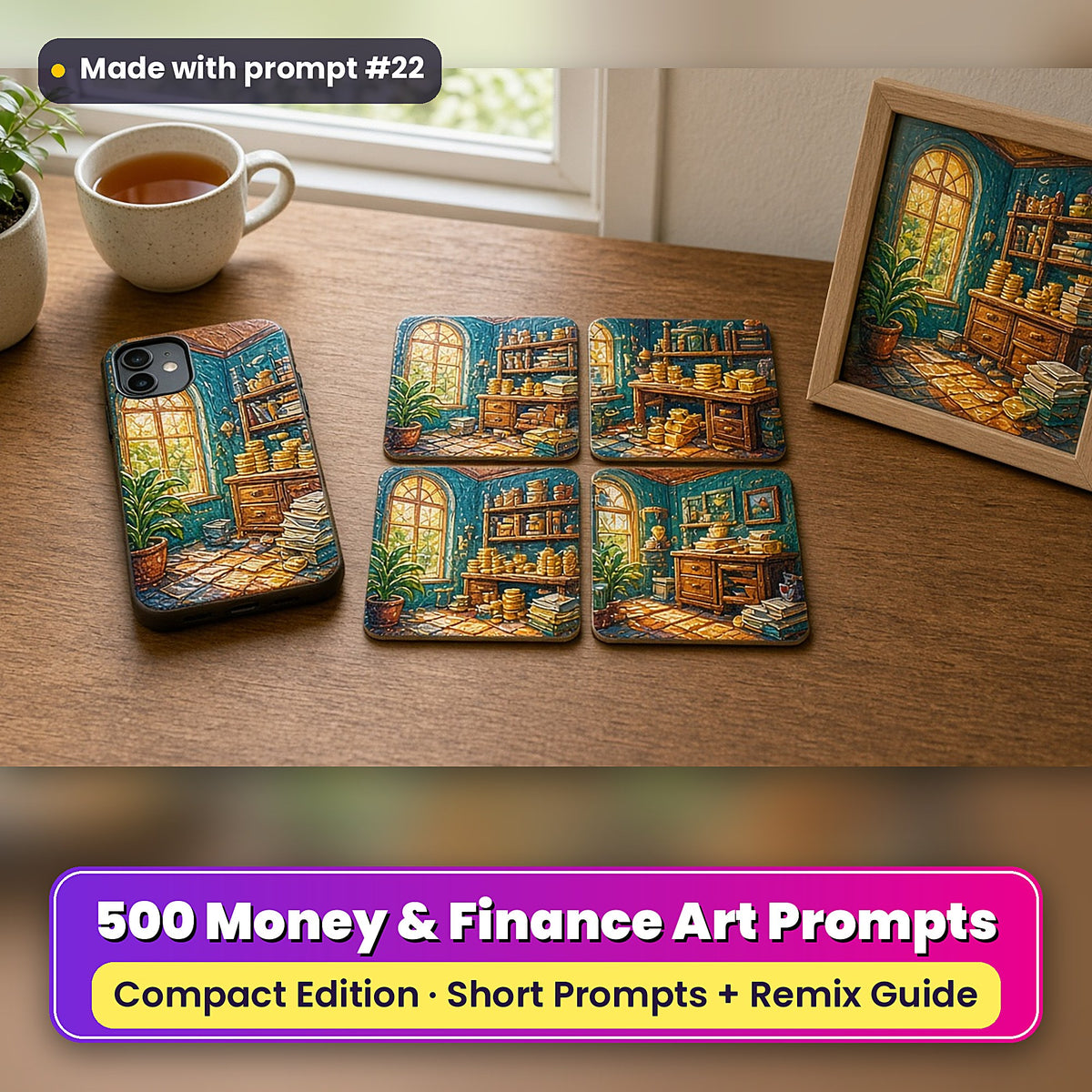 Money and Finance Compact Edition Prompts: realistic mockup, styled table set (phone case + 2x2 coasters + framed print), made with prompt #22
