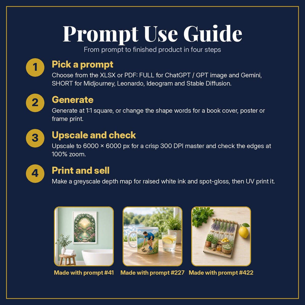 Prompt Use Guide for the Health and Wellness Compact Edition Prompts: pick a prompt, generate, upscale and check, print and sell, with sample products made with the pack's prompts