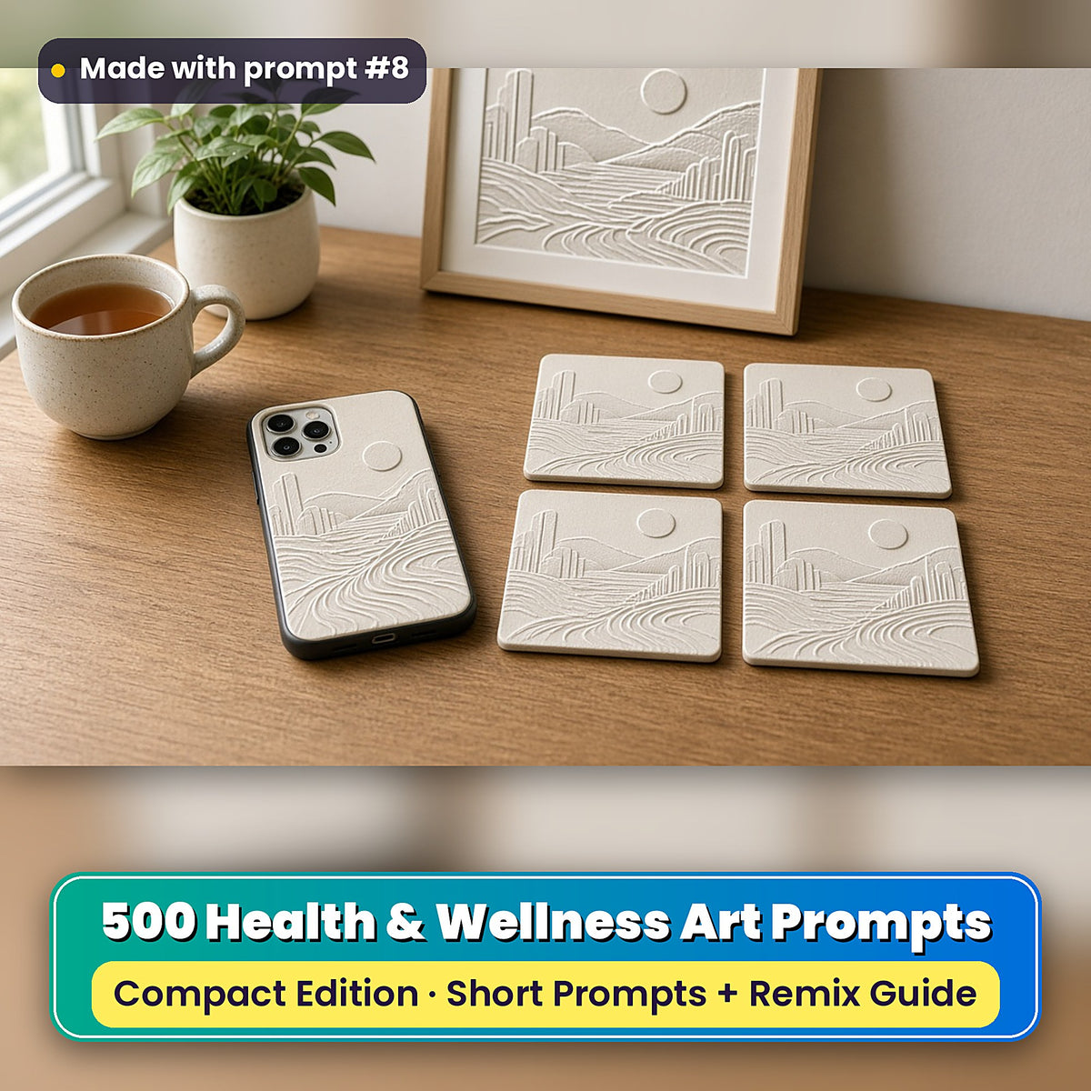 Health and Wellness Compact Edition Prompts: realistic mockup, styled table set (phone case + 2x2 coasters + framed print), made with prompt #8