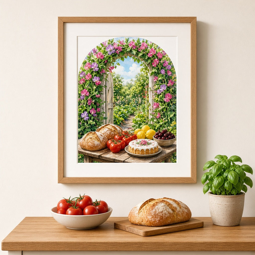 Sweet pea archway opening onto a sunny kitchen garden with rustic loaves, tomatoes, lemons, cherries and a round iced cake printed flat on a framed print in a kitchen, made with prompt #41