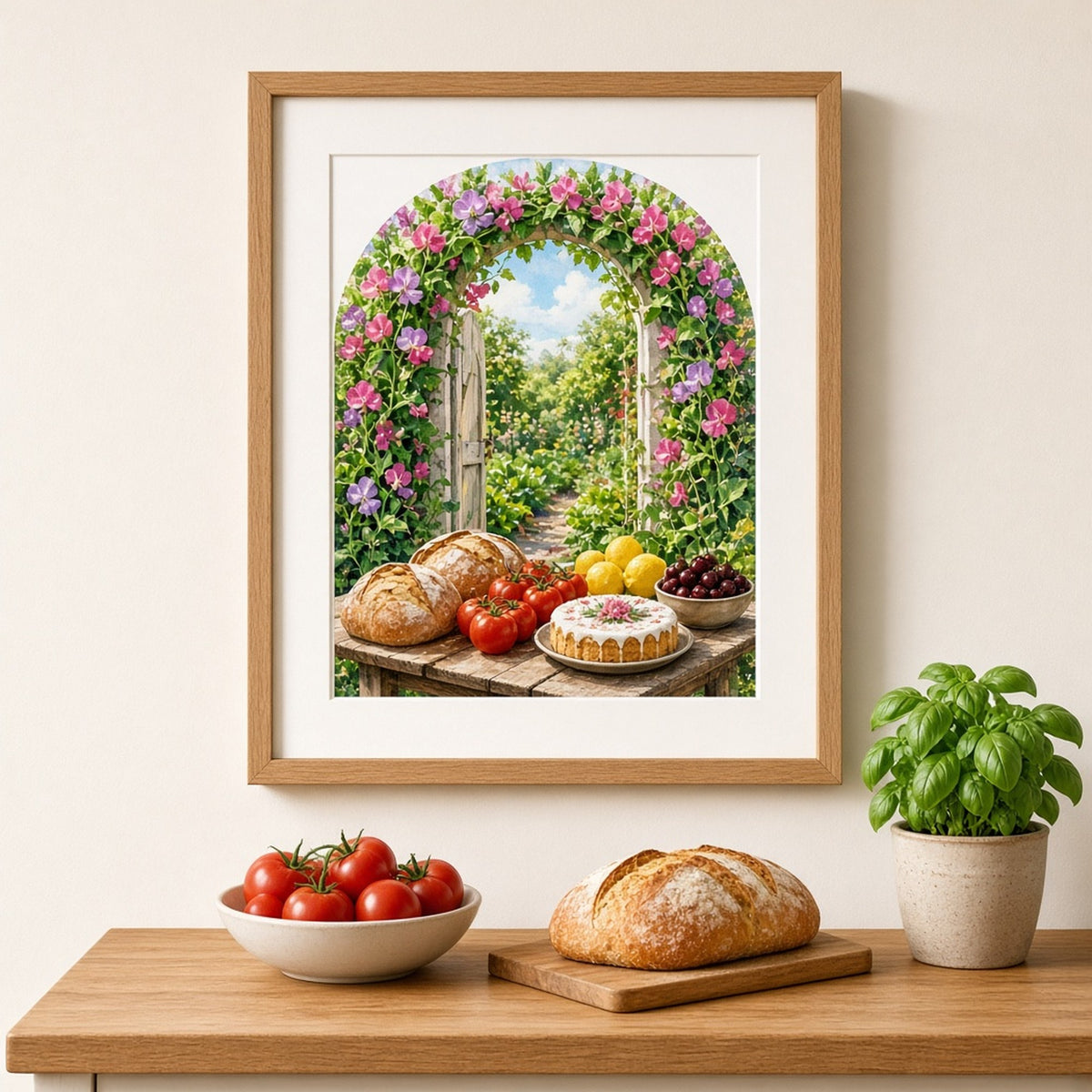 Sweet pea archway opening onto a sunny kitchen garden with rustic loaves, tomatoes, lemons, cherries and a round iced cake printed flat on a framed print in a kitchen, made with prompt #41