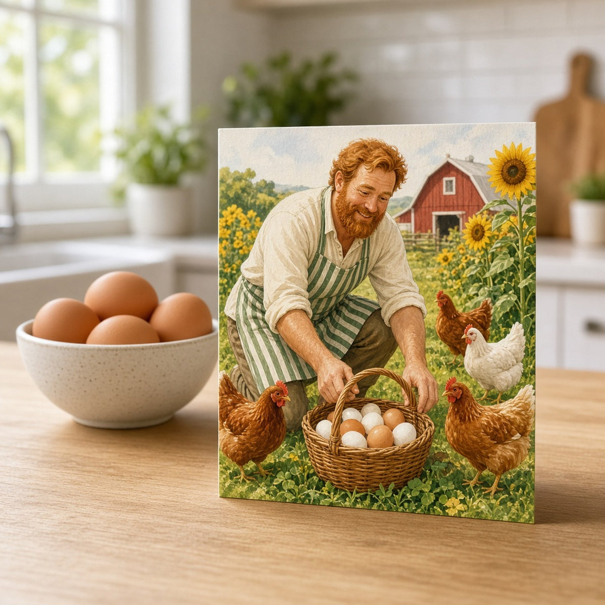 Illustrated man baker picking up a lost basket of eggs in a sunny farmyard with hens and sunflowers printed flat on a greeting card, made with prompt #227