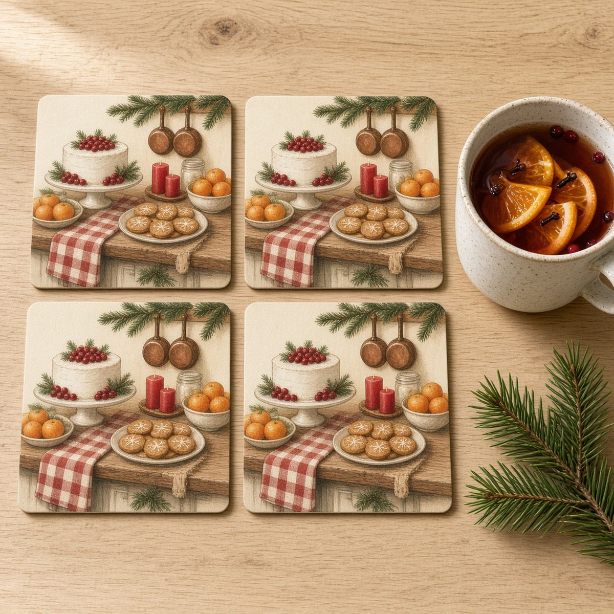 Winter baking pantry with a frosted round cake, gingerbread biscuits, oranges, red candles and pine sprigs printed flat on coasters, made with prompt #422
