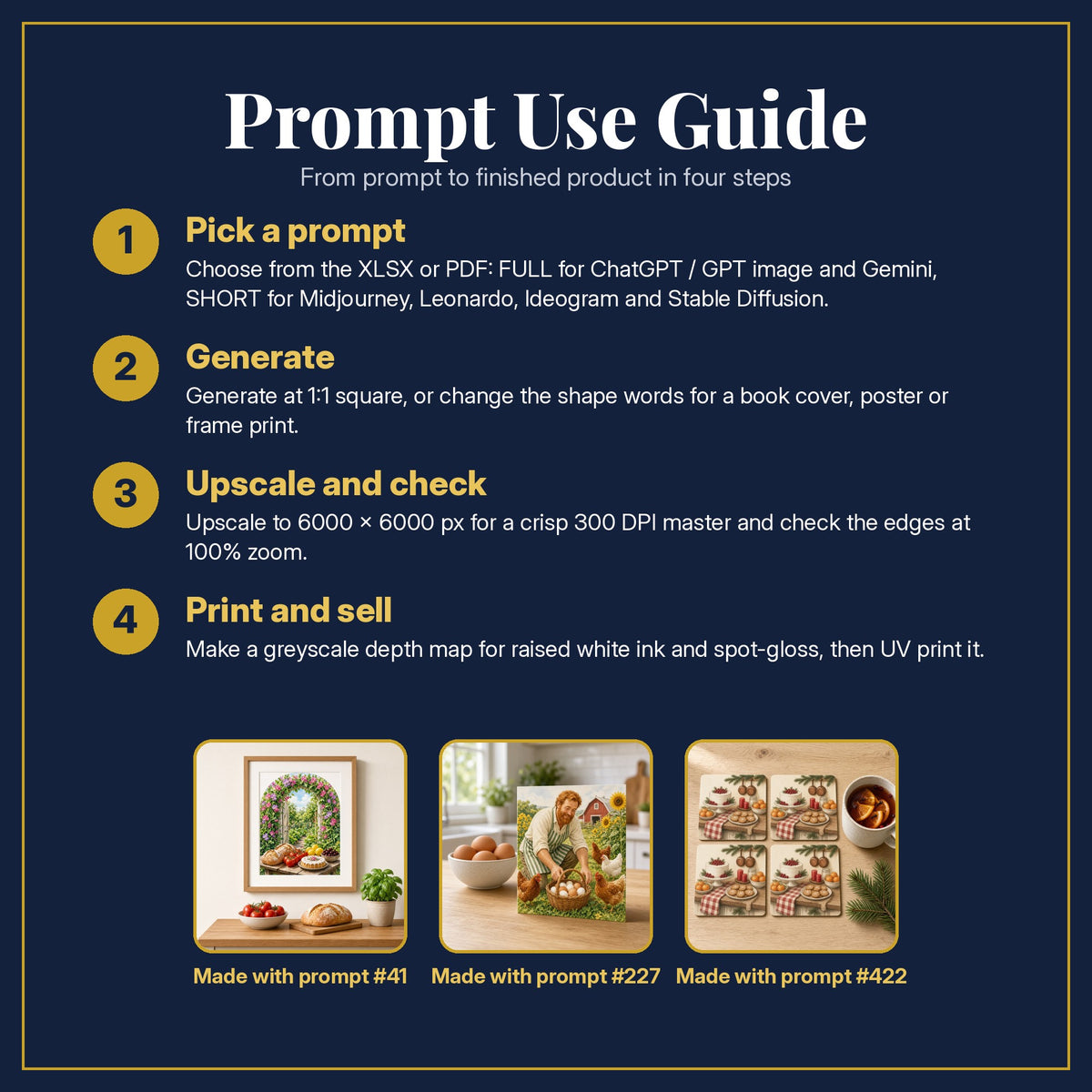 Prompt Use Guide for the Cookbooks and Baking Compact Edition Prompts: pick a prompt, generate, upscale and check, print and sell, with sample products made with the pack's prompts