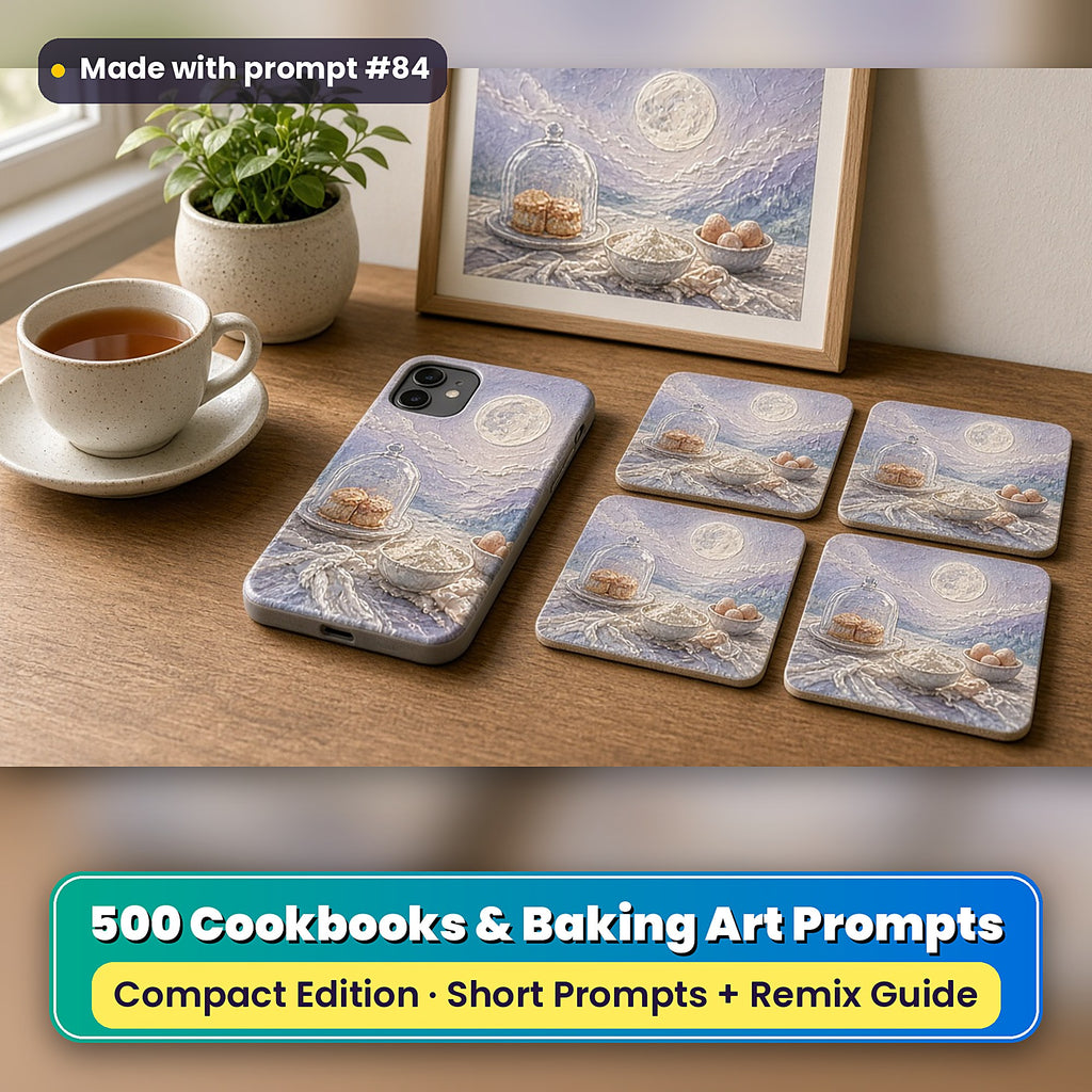Cookbooks and Baking Compact Edition Prompts: realistic mockup, styled table set (phone case + 2x2 coasters + framed print), made with prompt #84