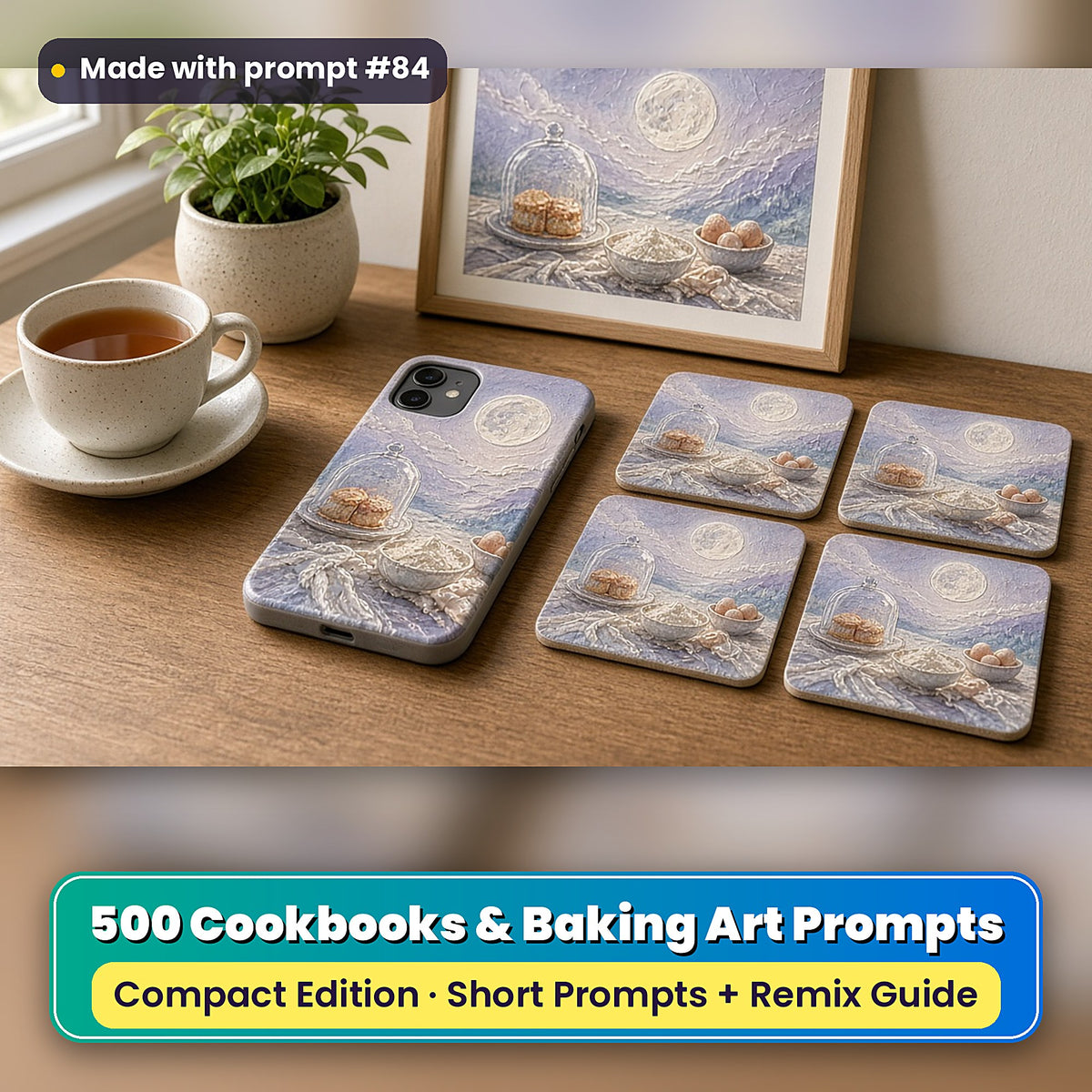 Cookbooks and Baking Compact Edition Prompts: realistic mockup, styled table set (phone case + 2x2 coasters + framed print), made with prompt #84