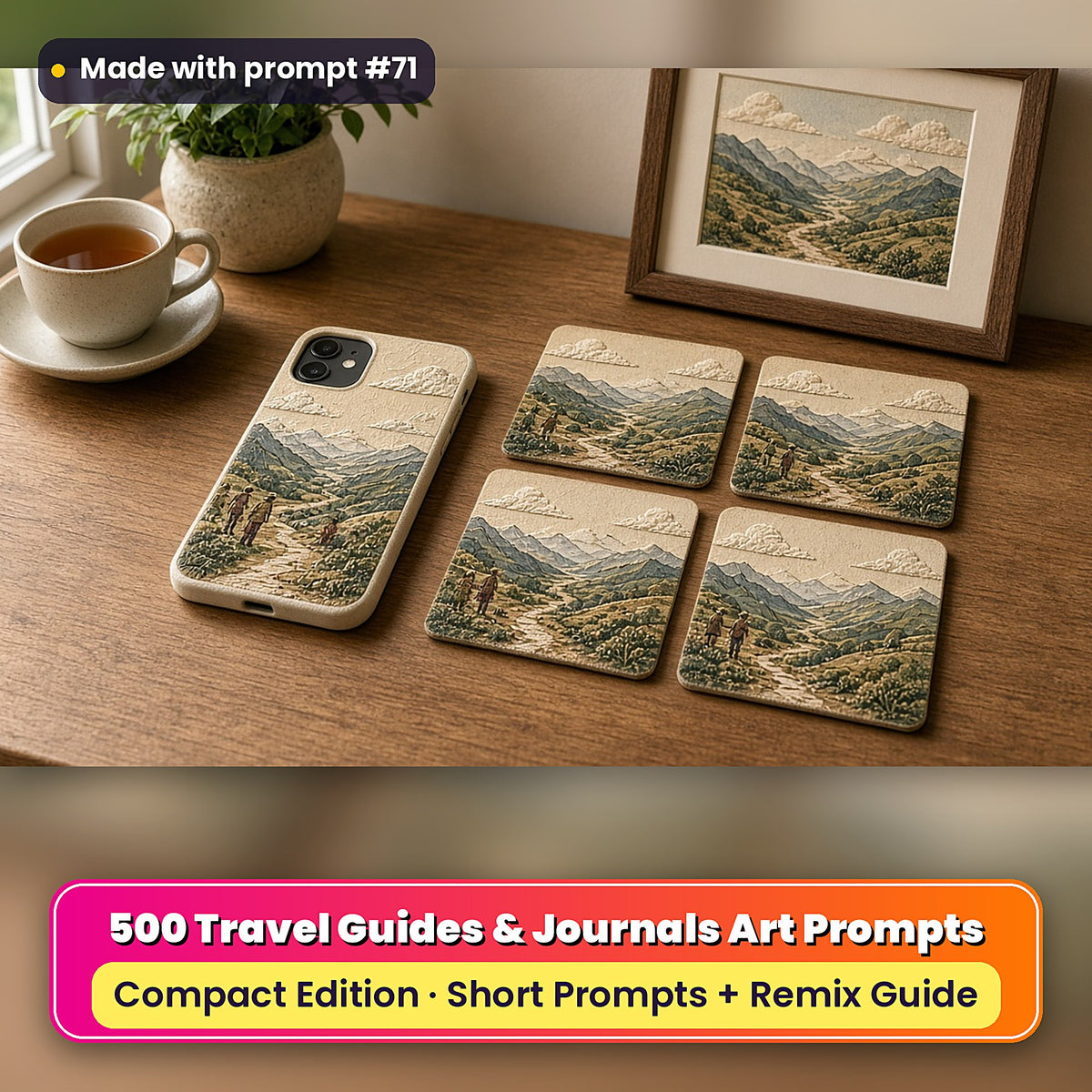 Travel Guides and Journals Compact Edition Prompts: realistic mockup, styled table set (phone case + 2x2 coasters + framed print), made with prompt #71