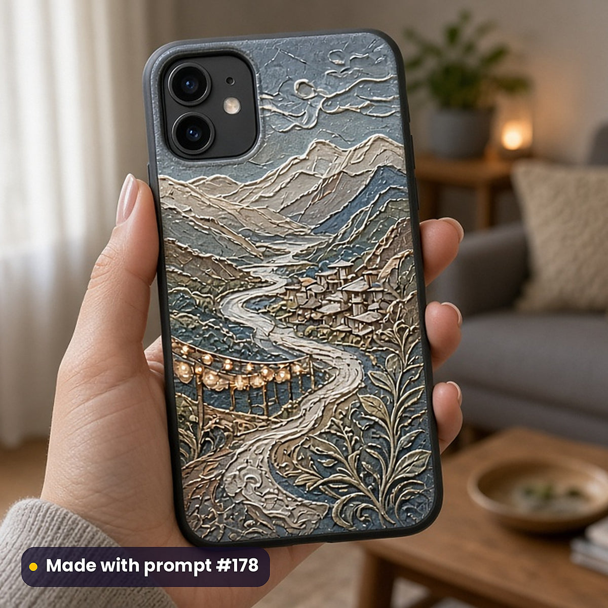 Travel Guides and Journals Compact Edition Prompts: realistic mockup, phone case in hand, made with prompt #178
