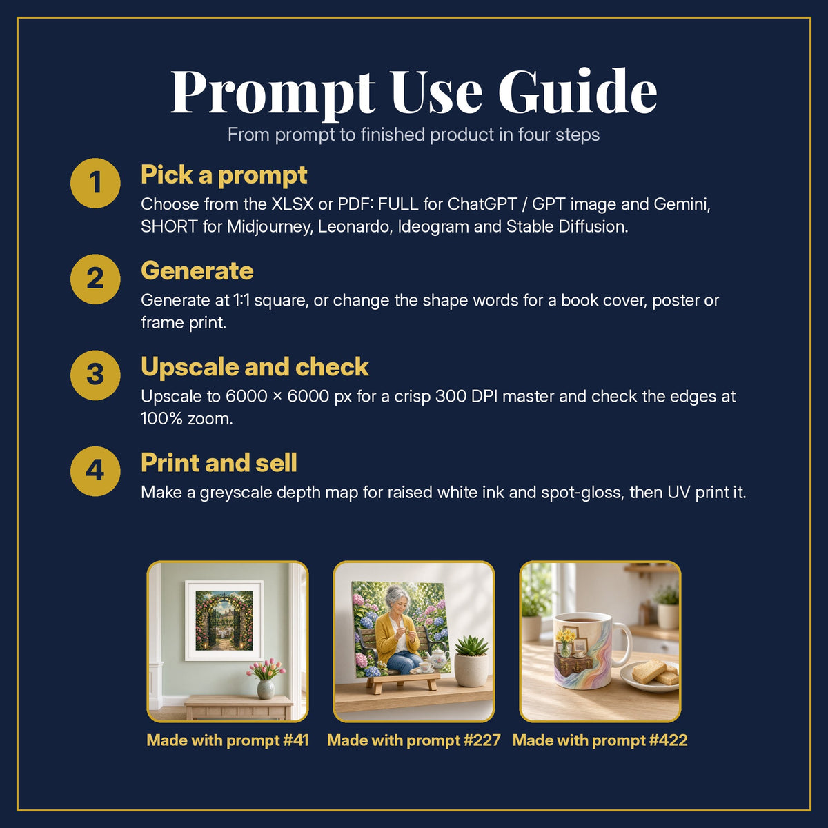 Prompt Use Guide for the Guest Books and Keepsakes Compact Edition Prompts: pick a prompt, generate, upscale and check, print and sell, with sample products made with the pack's prompts