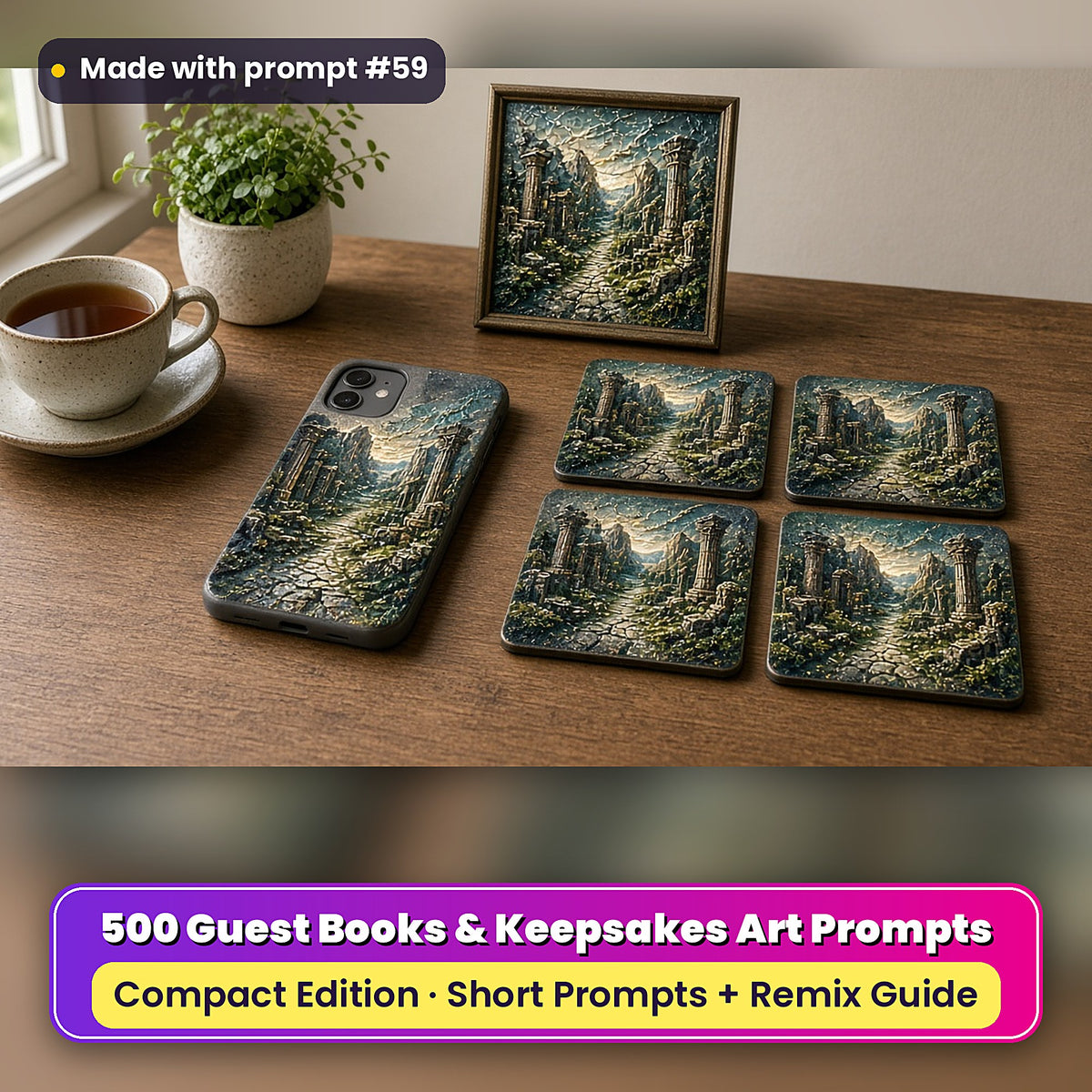 Guest Books and Keepsakes Compact Edition Prompts: realistic mockup, styled table set (phone case + 2x2 coasters + framed print), made with prompt #59