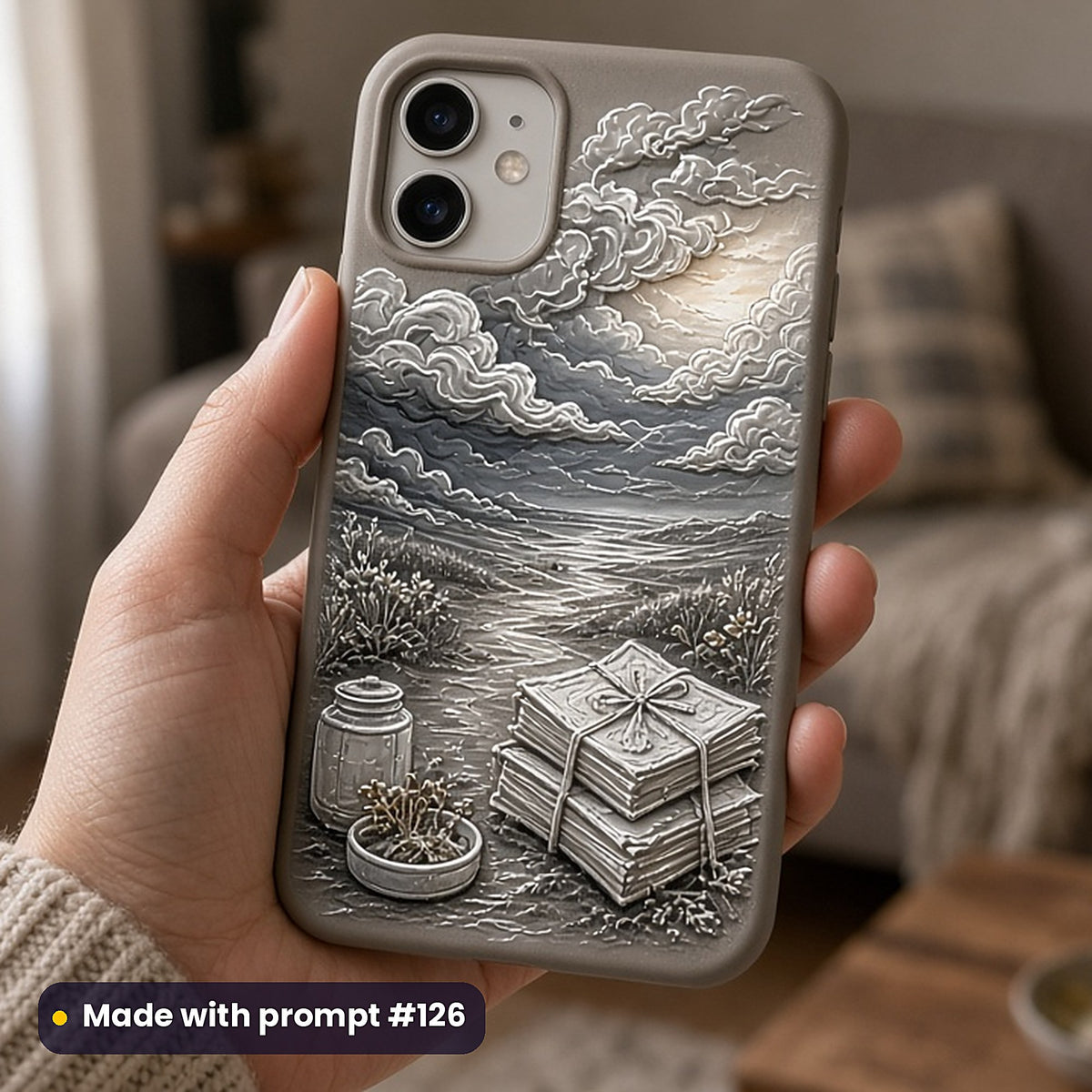 Guest Books and Keepsakes Compact Edition Prompts: realistic mockup, phone case in hand, made with prompt #126