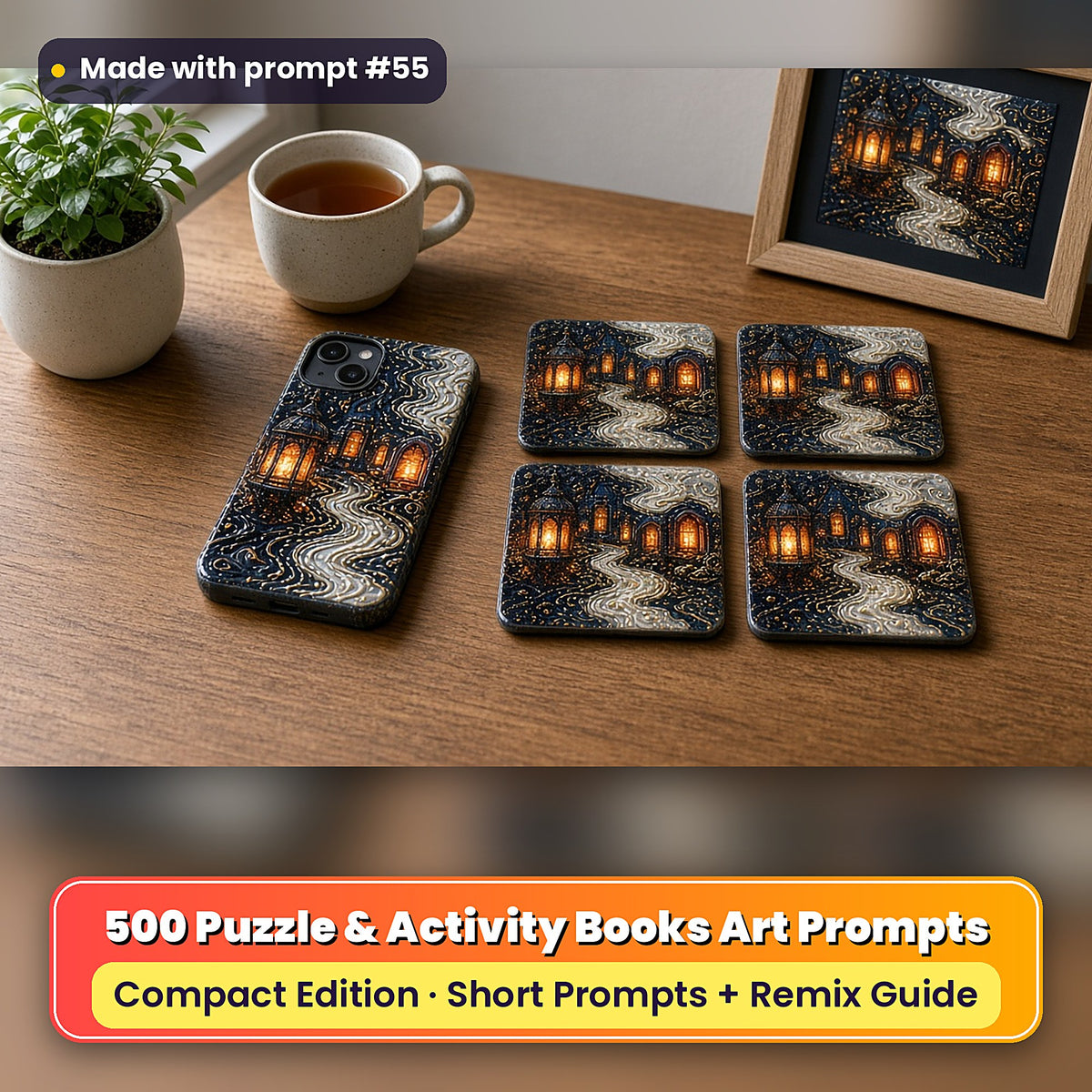 Puzzle and Activity Books Compact Edition Prompts: realistic mockup, styled table set (phone case + 2x2 coasters + framed print), made with prompt #55