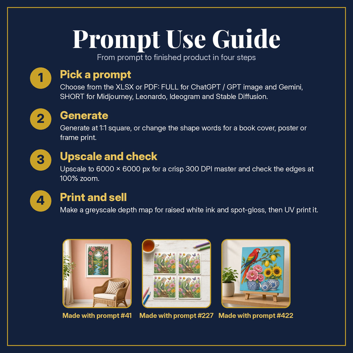 Prompt Use Guide for the Colouring Books Compact Edition Prompts: pick a prompt, generate, upscale and check, print and sell, with sample products made with the pack's prompts