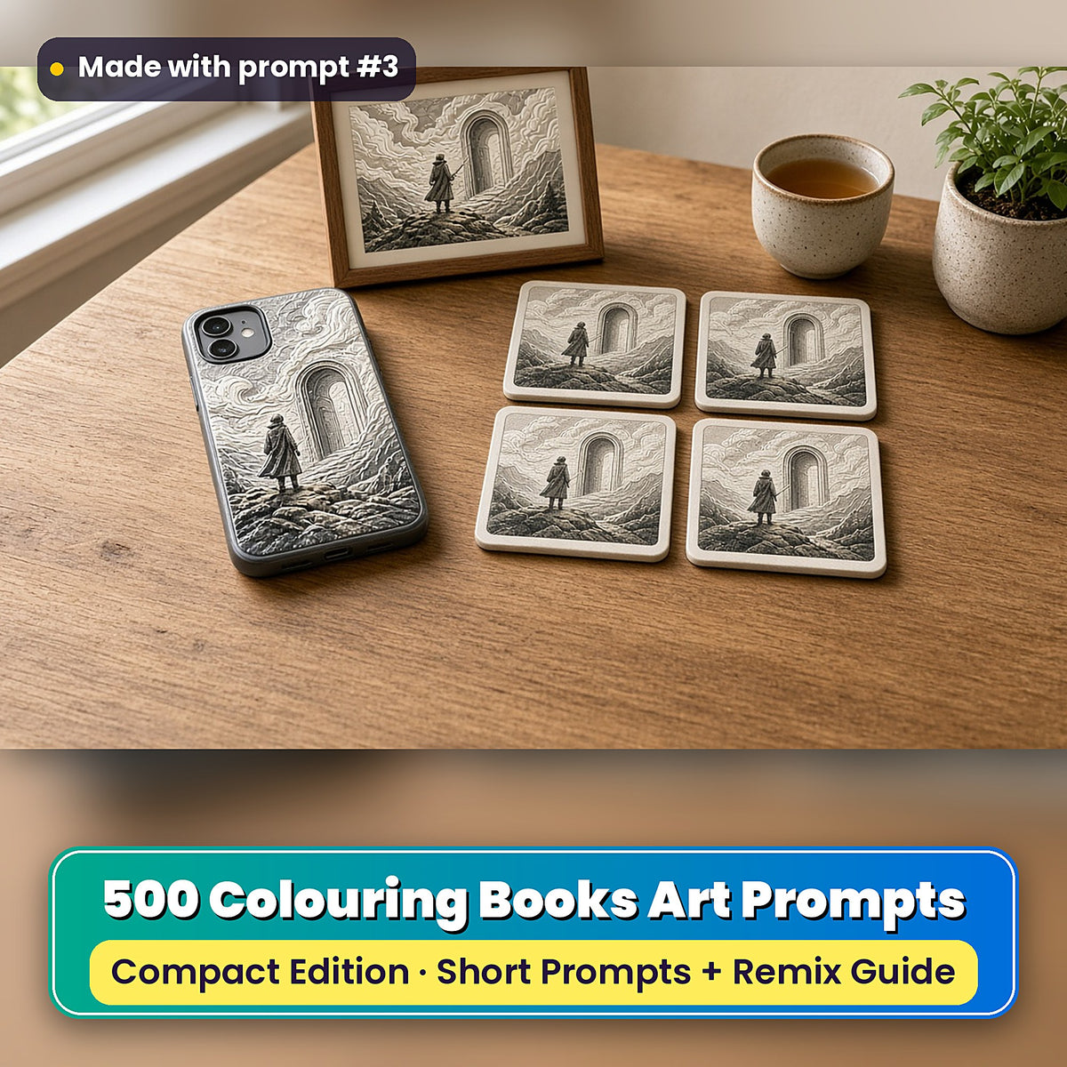 Colouring Books Compact Edition Prompts: realistic mockup, styled table set (phone case + 2x2 coasters + framed print), made with prompt #3