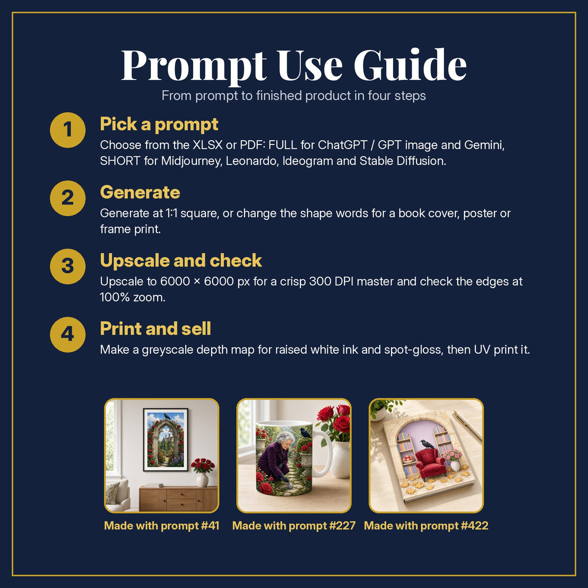 Prompt Use Guide for the Gothic Worlds Compact Edition Prompts: pick a prompt, generate, upscale and check, print and sell, with sample products made with the pack's prompts