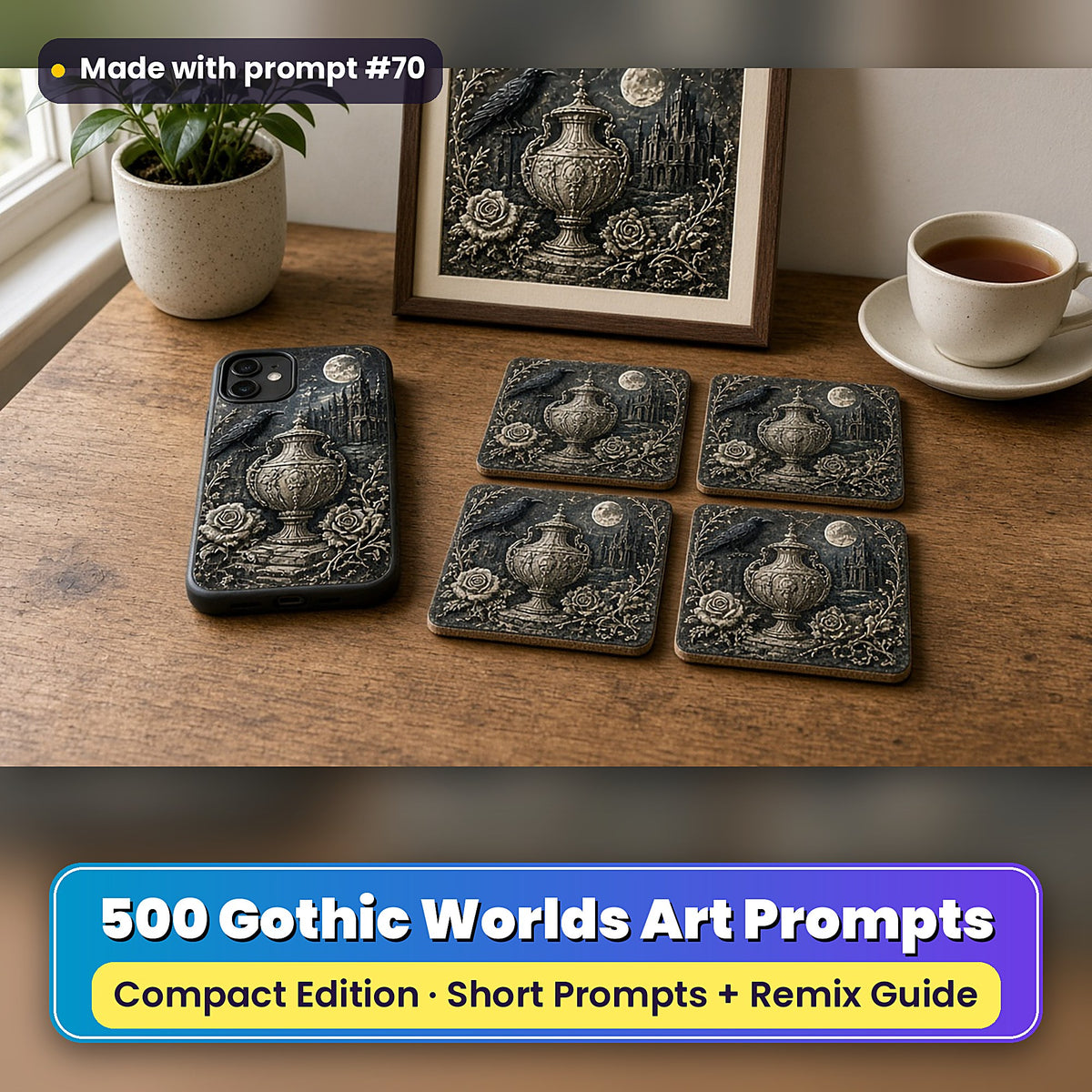 Gothic Worlds Compact Edition Prompts: realistic mockup, styled table set (phone case + 2x2 coasters + framed print), made with prompt #70