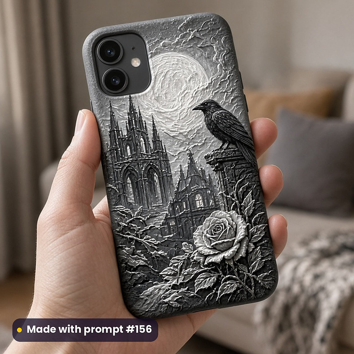 Gothic Worlds Compact Edition Prompts: realistic mockup, phone case in hand, made with prompt #156