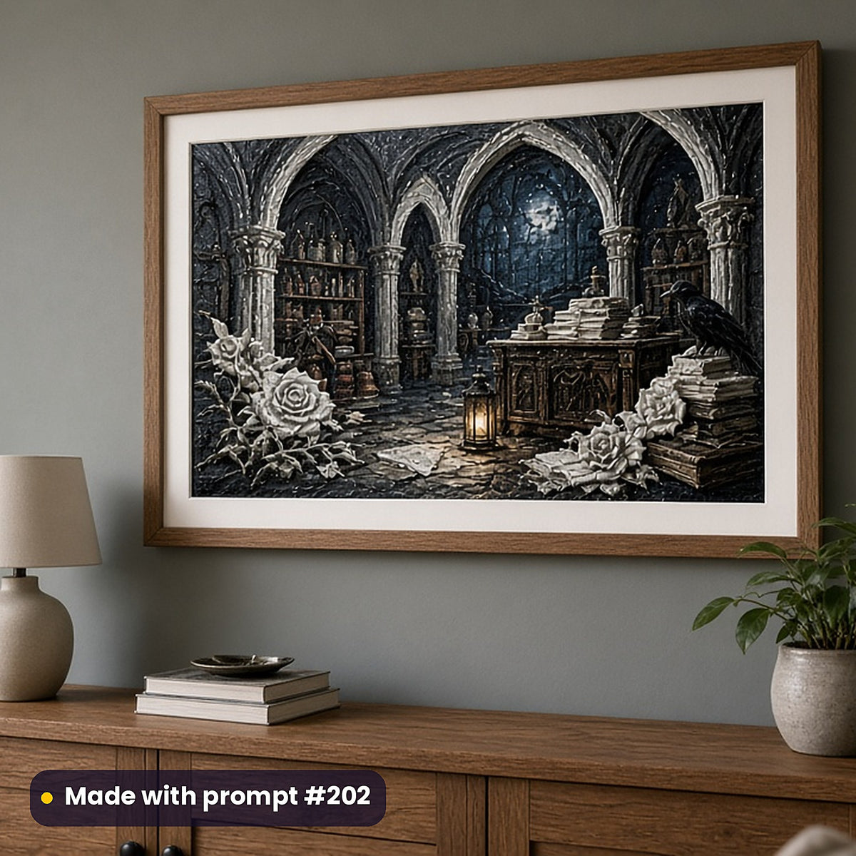 Gothic Worlds Compact Edition Prompts: realistic mockup, framed print on wall, made with prompt #202