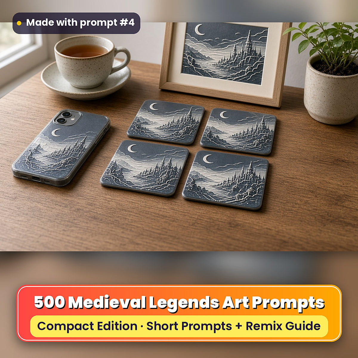 Medieval Legends Compact Edition Prompts: realistic mockup, styled table set (phone case + 2x2 coasters + framed print), made with prompt #4