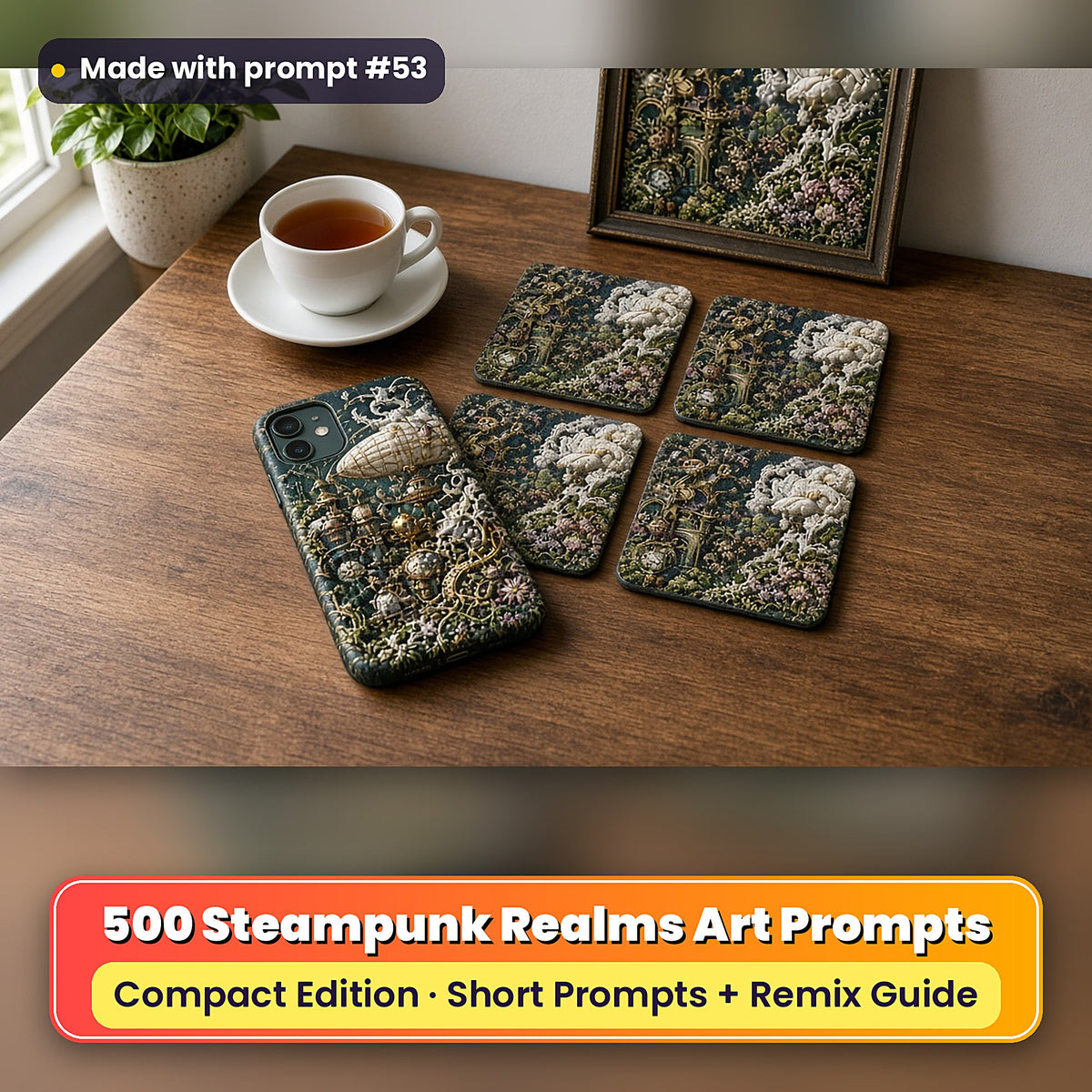 Steampunk Realms Compact Edition Prompts: realistic mockup, styled table set (phone case + 2x2 coasters + framed print), made with prompt #53