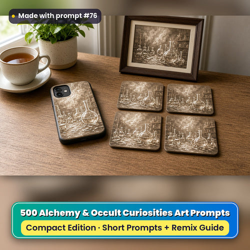 Alchemy and Occult Curiosities Compact Edition Prompts: realistic mockup, styled table set (phone case + 2x2 coasters + framed print), made with prompt #76