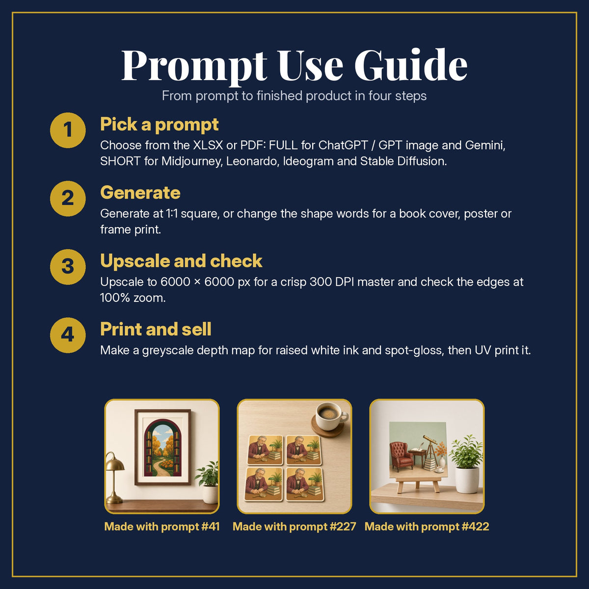 Prompt Use Guide for the Dark Academia Compact Edition Prompts: pick a prompt, generate, upscale and check, print and sell, with sample products made with the pack's prompts