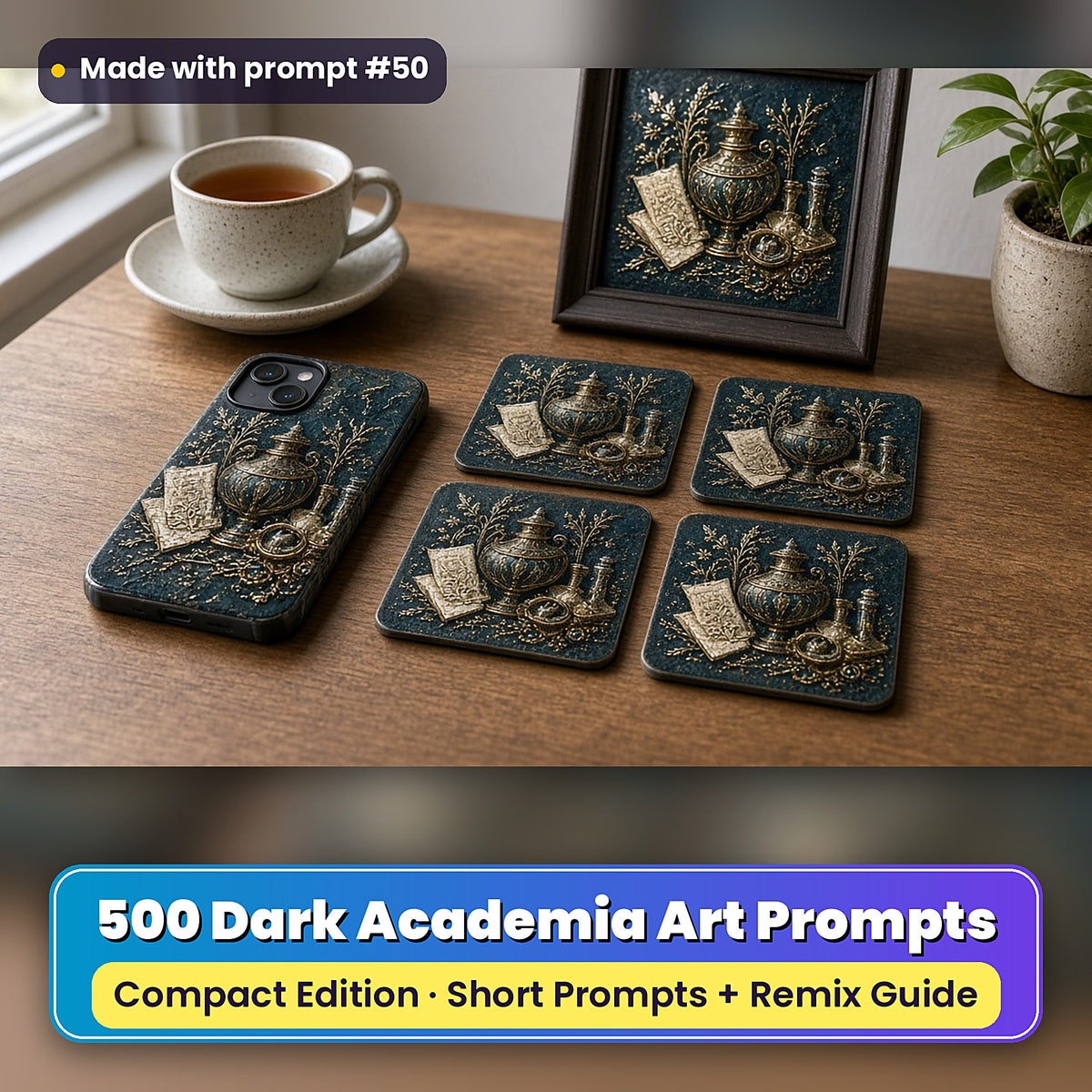 Dark Academia Compact Edition Prompts: realistic mockup, styled table set (phone case + 2x2 coasters + framed print), made with prompt #50