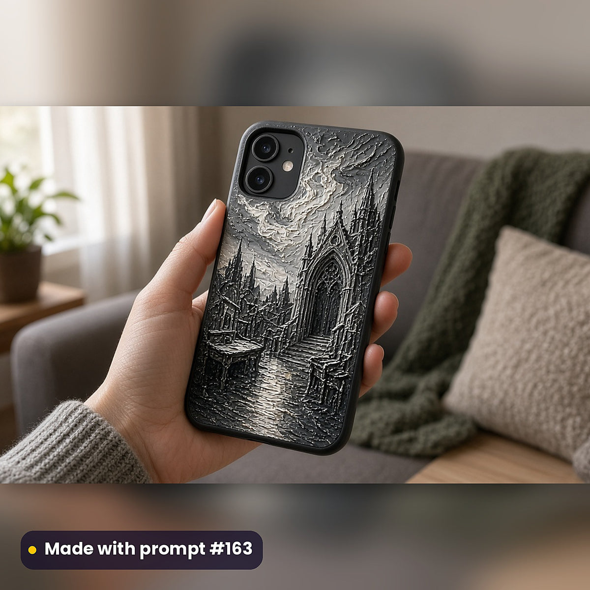 Dark Academia Compact Edition Prompts: realistic mockup, phone case in hand, made with prompt #163
