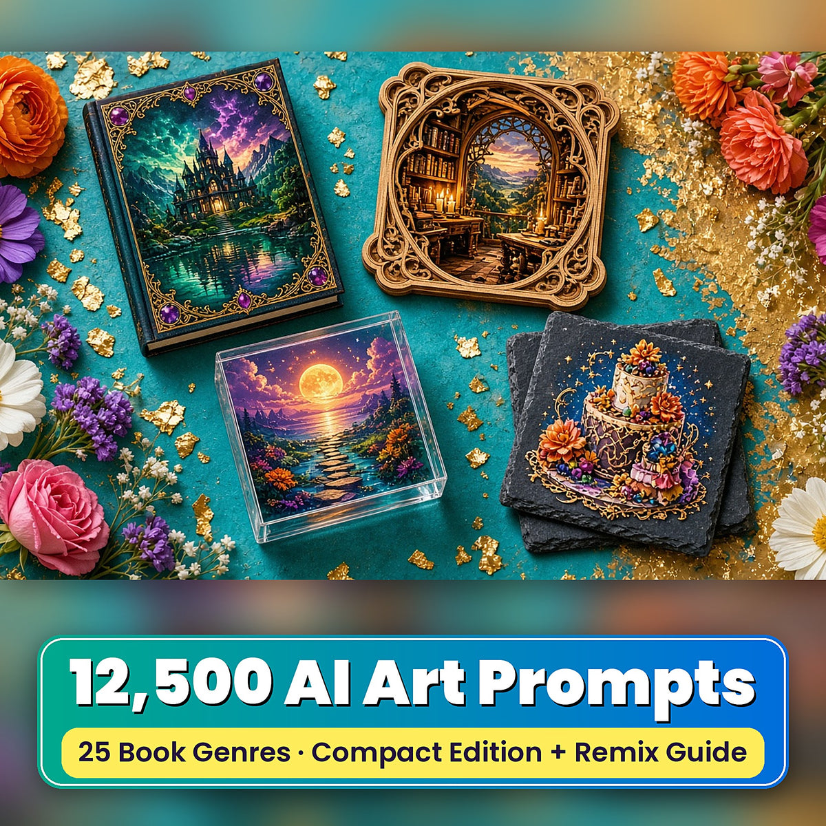 12,500 Compact AI Art Prompts Complete Library: Made with prompts #2054 · #12349 · #5984 · #7720 – realistic UV-printed mockup