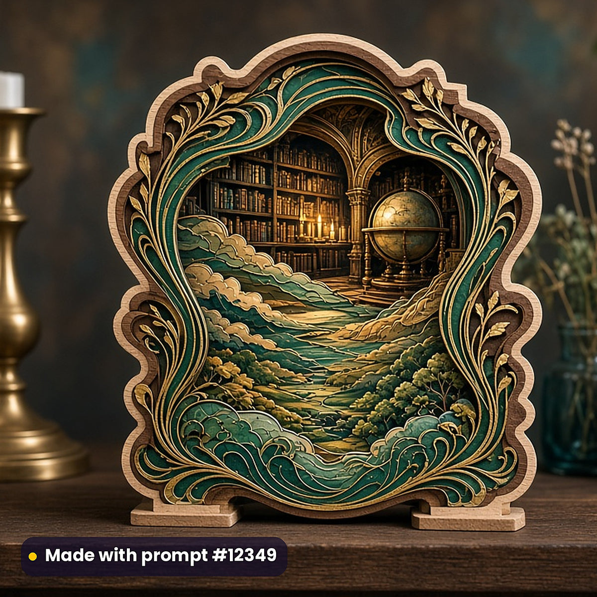 12,500 Compact AI Art Prompts Complete Library: Made with prompt #12349 – realistic UV-printed mockup (Dark Academia · Art Nouveau · Panoramic World)