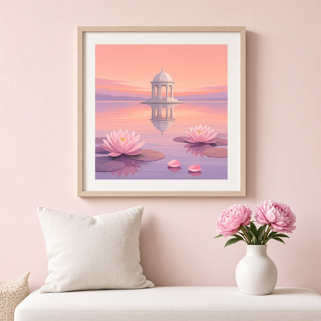 Sunset lake with pink water lilies reflecting a white domed pavilion printed flat on a framed print, made with prompt #1